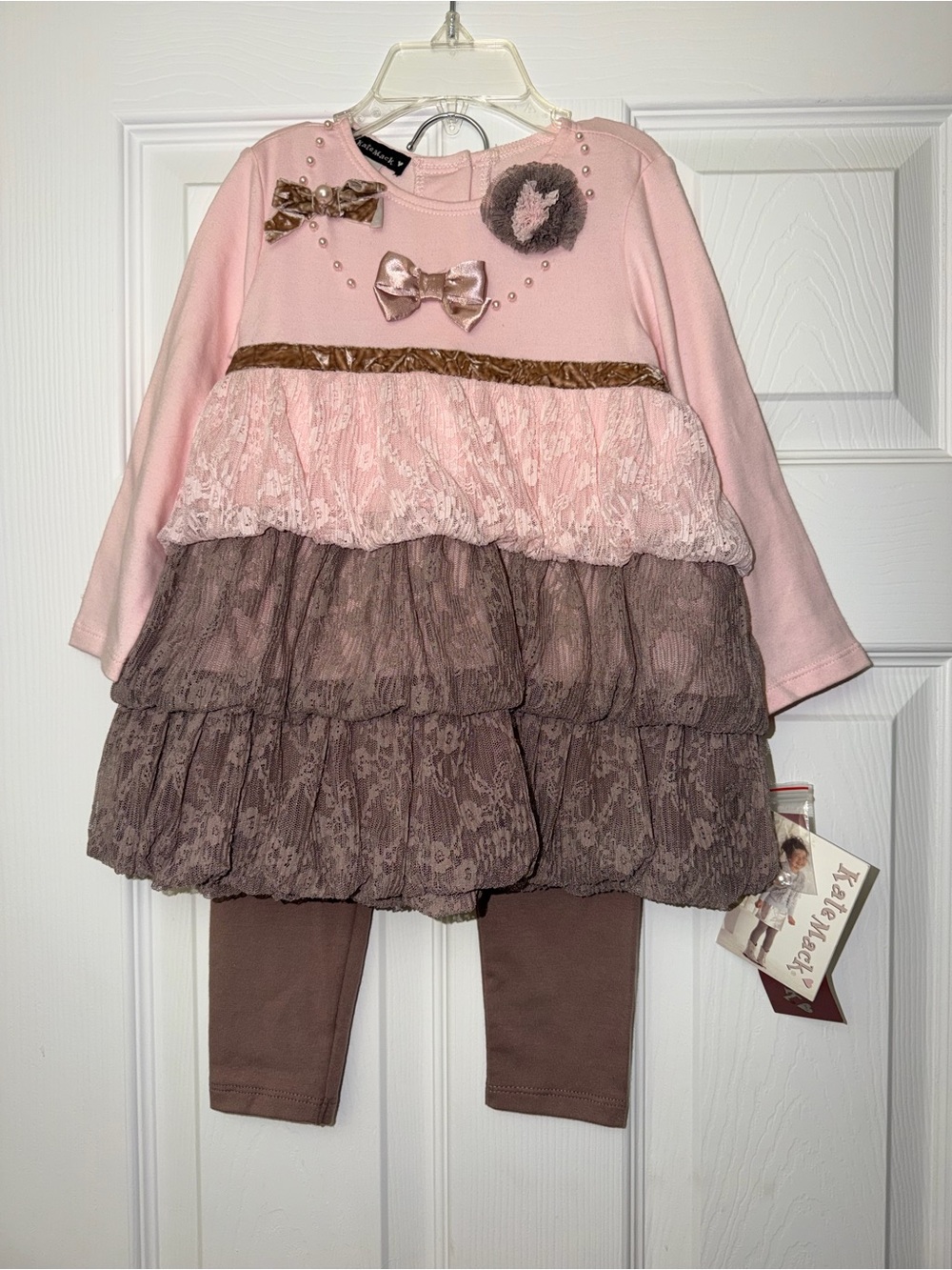 Kate Mack Pink & Brown Tiered Lace Dress Set with Bows